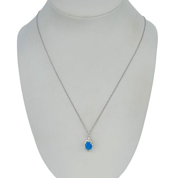 Sterling Silver 925 Lab Created Blue Opal CZ Accent Pendant ONLY - Picture 4 of 4
